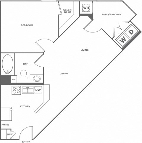 Floor plan for 1 bed, 1 bath, 630 sqft