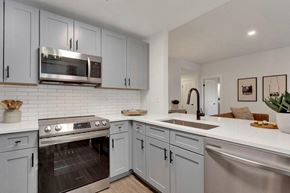Englewood apartment for rent - A modern kitchen with a stainless steel oven and microwave.