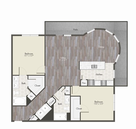 Floor plan for 2 beds, 2 baths, 1252 sqft