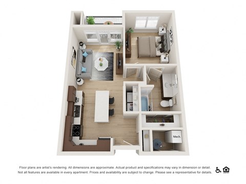 Floor plan for 1 bed, 1 bath, 715 sqft