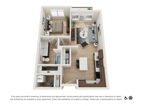 Floor plan for 1 bed, 1 bath, 726 sqft