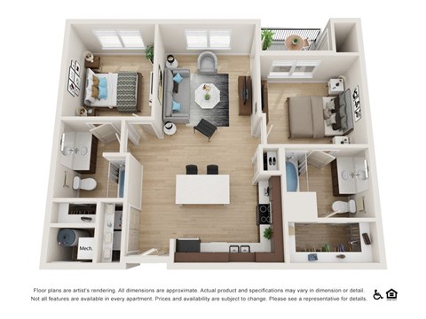 Floor plan for 2 beds, 2 baths, 1072 sqft