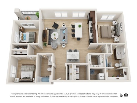 Floor plan for 3 beds, 2 baths, 1336 sqft