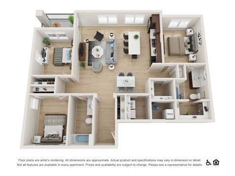 Floor plan for 3 beds, 2 baths, 1455 sqft