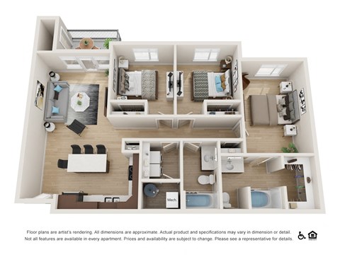 Floor plan for 3 beds, 2 baths, 1234 sqft