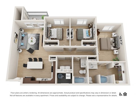 Floor plan for 3 beds, 2 baths, 1234 sqft