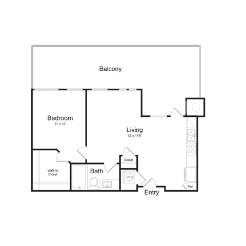 Floor plan for 1 bed, 1 bath, 744 sqft