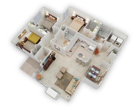 Floor plan for 3 beds, 2 baths, 1361 sqft