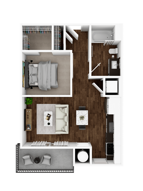 Floor plan for 1 bed, 1 bath, 609 sqft