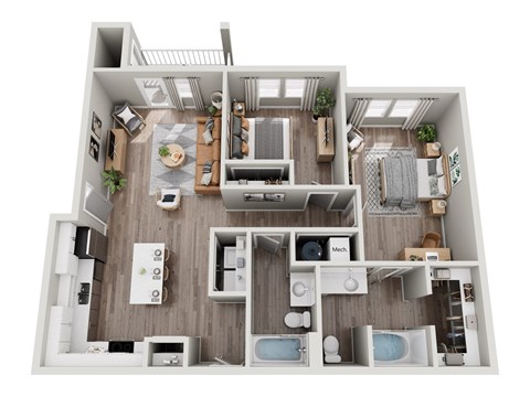 Floor plan for 2 beds, 2 baths, 1057 sqft