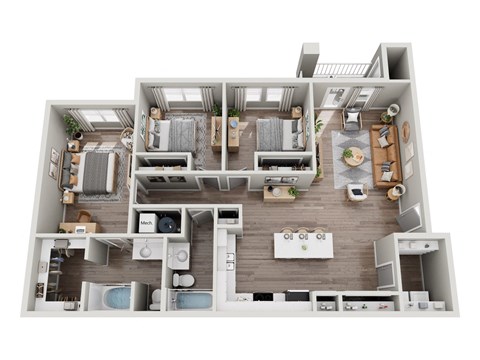 Floor plan for 3 beds, 2 baths, 1303 sqft