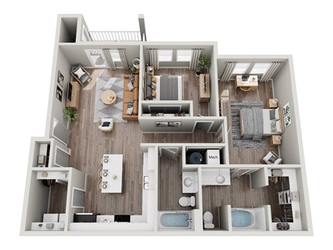 Floor plan for 2 beds, 2 baths, 1057 sqft
