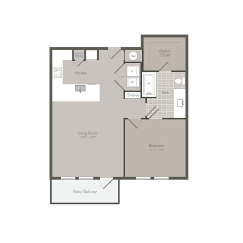 Floor plan for 1 bed, 1 bath, 841 sqft