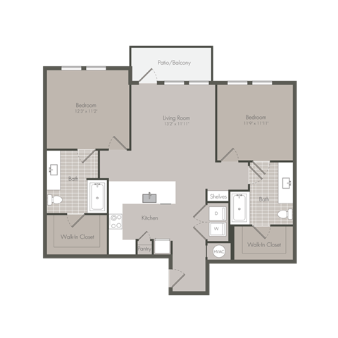 Floor plan for 2 beds, 2 baths, 1105 sqft