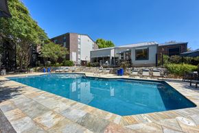 San Antonio apartment for rent - a swimming pool with lounge chairs and a house in the background