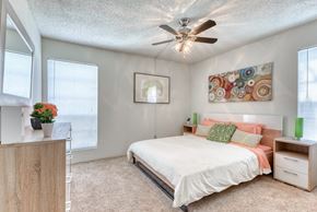 San Antonio apartment for rent - a bedroom with a bed and a ceiling fan