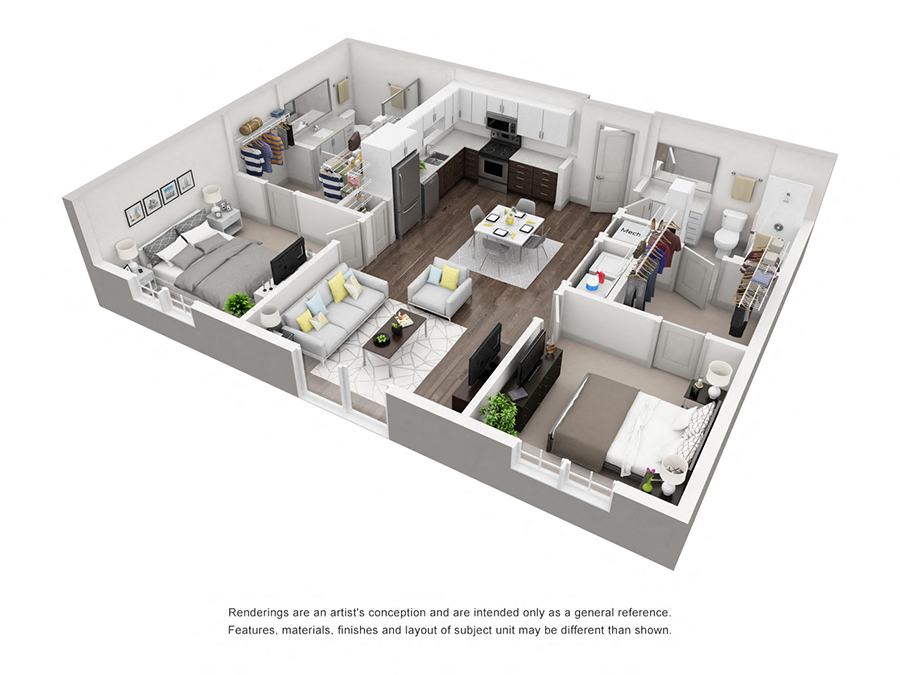 Floor plan for 2 beds, 2 baths, 1009 sqft