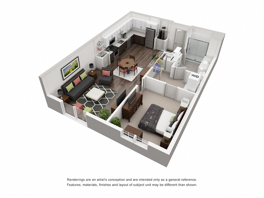 Floor plan for 1 bed, 1 bath, 850 sqft
