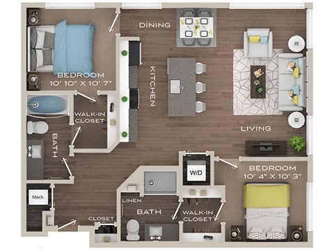 Floor plan for 2 beds, 2 baths, 944 sqft