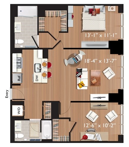 Floor plan for 2 beds, 2 baths, 1043 sqft