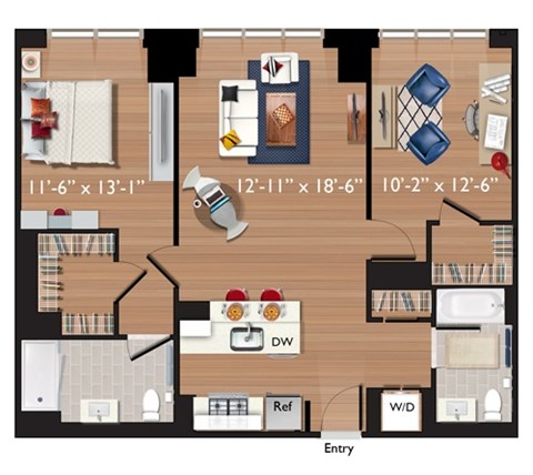 Floor plan for 2 beds, 2 baths, 1065 sqft