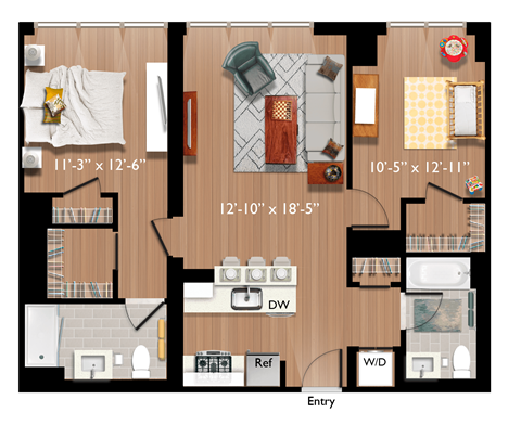 Floor plan for 2 beds, 2 baths, 1066 sqft