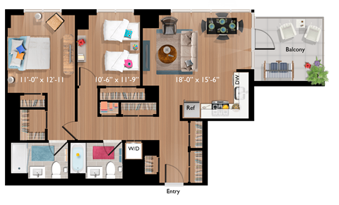 Floor plan for 2 beds, 2 baths, 1103 sqft