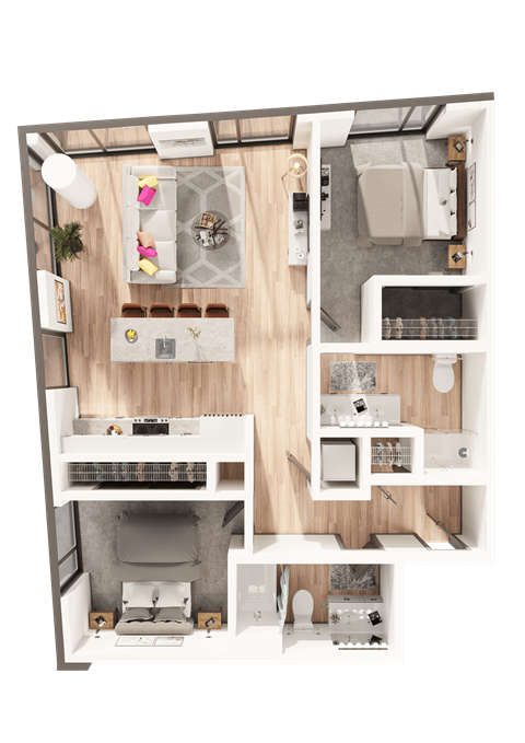 Floor plan for 2 beds, 2 baths, 1067 sqft