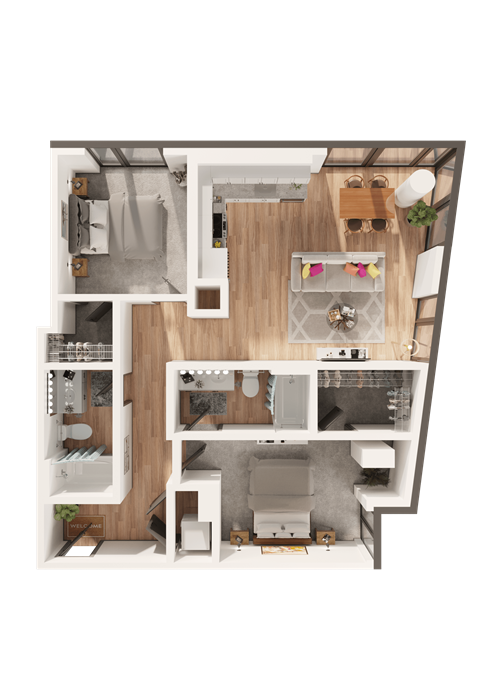 Floor plan for 2 beds, 2 baths, 1046 sqft