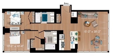 Floor plan for 2 beds, 2 baths, 1184 sqft