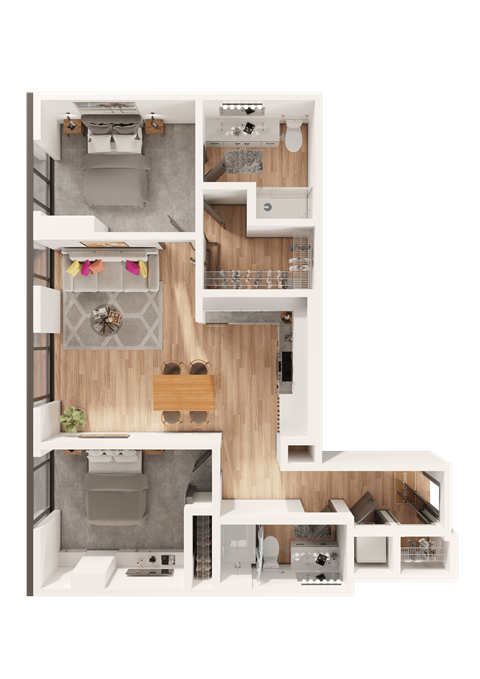 Floor plan for 2 beds, 2 baths, 1070 sqft