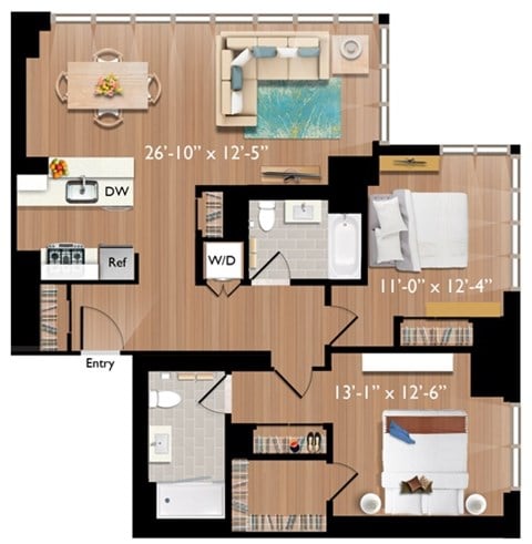 Floor plan for 2 beds, 2 baths, 1256 sqft