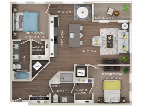 Floor plan for 2 beds, 2 baths, 1013 sqft