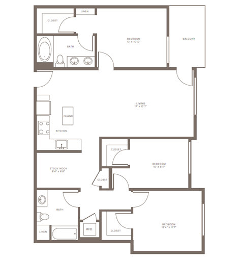 Floor plan for 3 beds, 2 baths, 1297 sqft