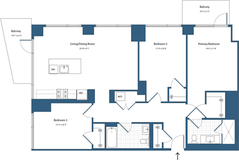 Floor plan for 3 beds, 2 baths, 1323 sqft