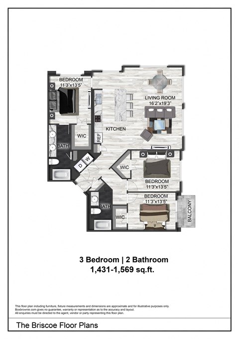 Floor plan for 3 beds, 2 baths, 1431 sqft