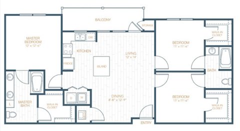 Floor plan for 3 beds, 2 baths, 1265 sqft