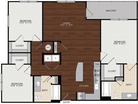 Floor plan for 3 beds, 2 baths, 1417 sqft