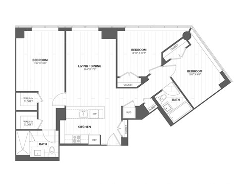 Floor plan for 3 beds, 2 baths, 1127 sqft