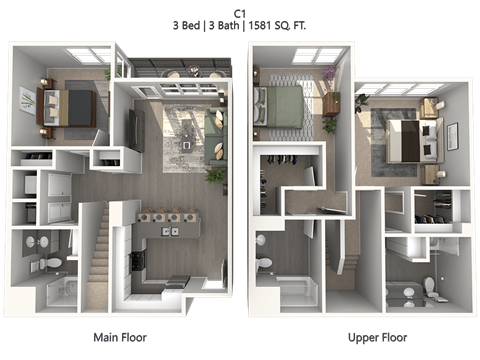Floor plan for 3 beds, 2 baths, 1581 sqft