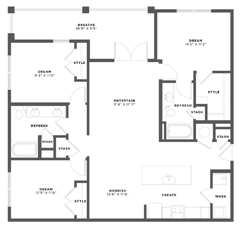 Floor plan for 3 beds, 2 baths, 1394 sqft