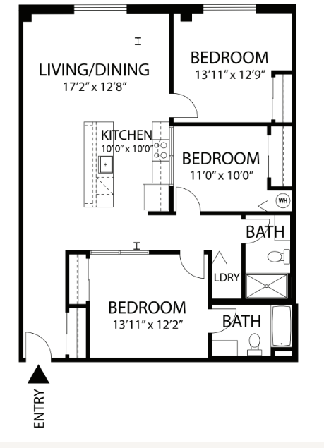 Floor plan for 3 beds, 2 baths, 1268 sqft