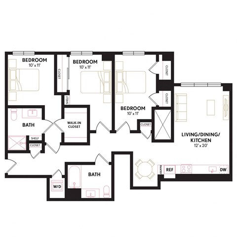 Floor plan for 3 beds, 2 baths, 1284 sqft