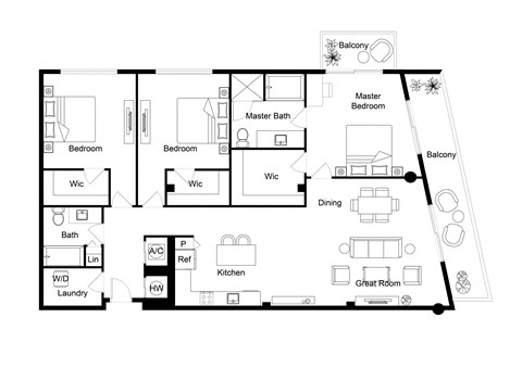 Floor plan for 3 beds, 2 baths, 1667 sqft