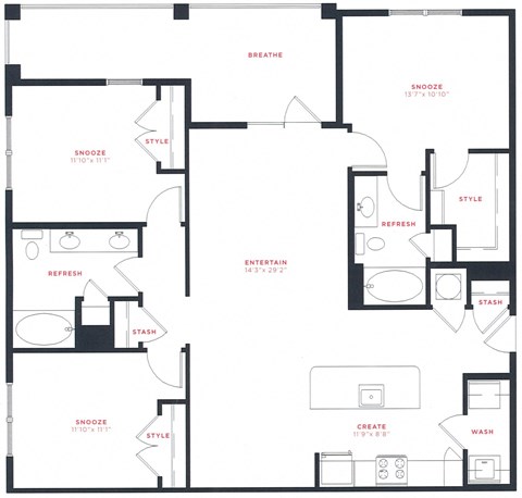 Floor plan for 3 beds, 2 baths, 1373 sqft