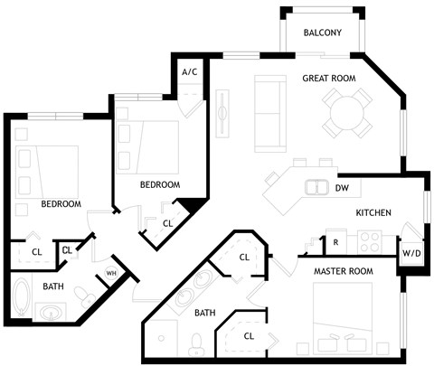 Floor plan for 3 beds, 2 baths, 1303 sqft