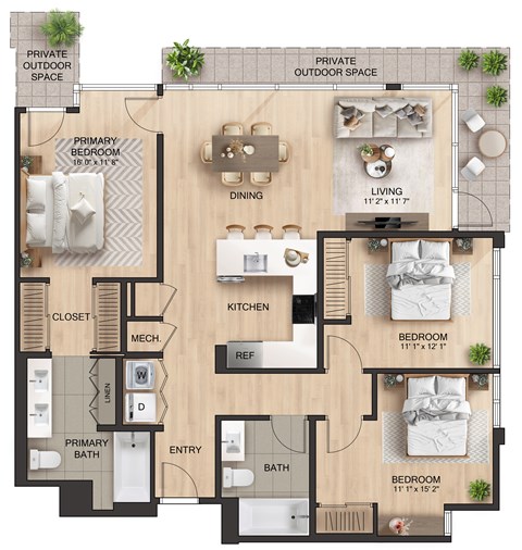 Floor plan for 3 beds, 2 baths, 1376 sqft