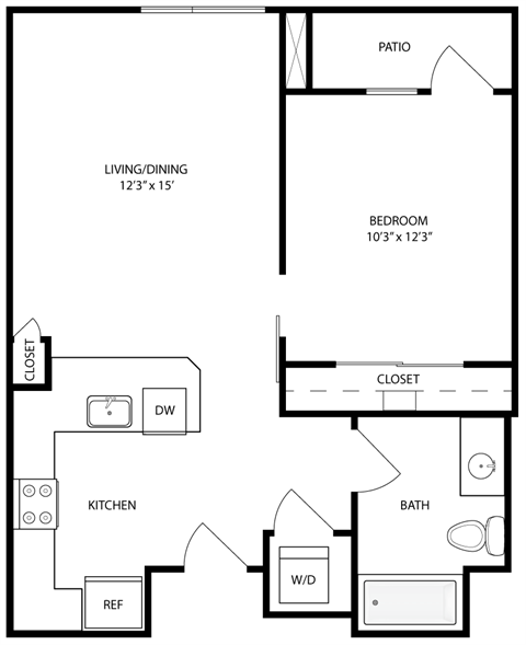 Floor plan for 1 bed, 1 bath, 604 sqft