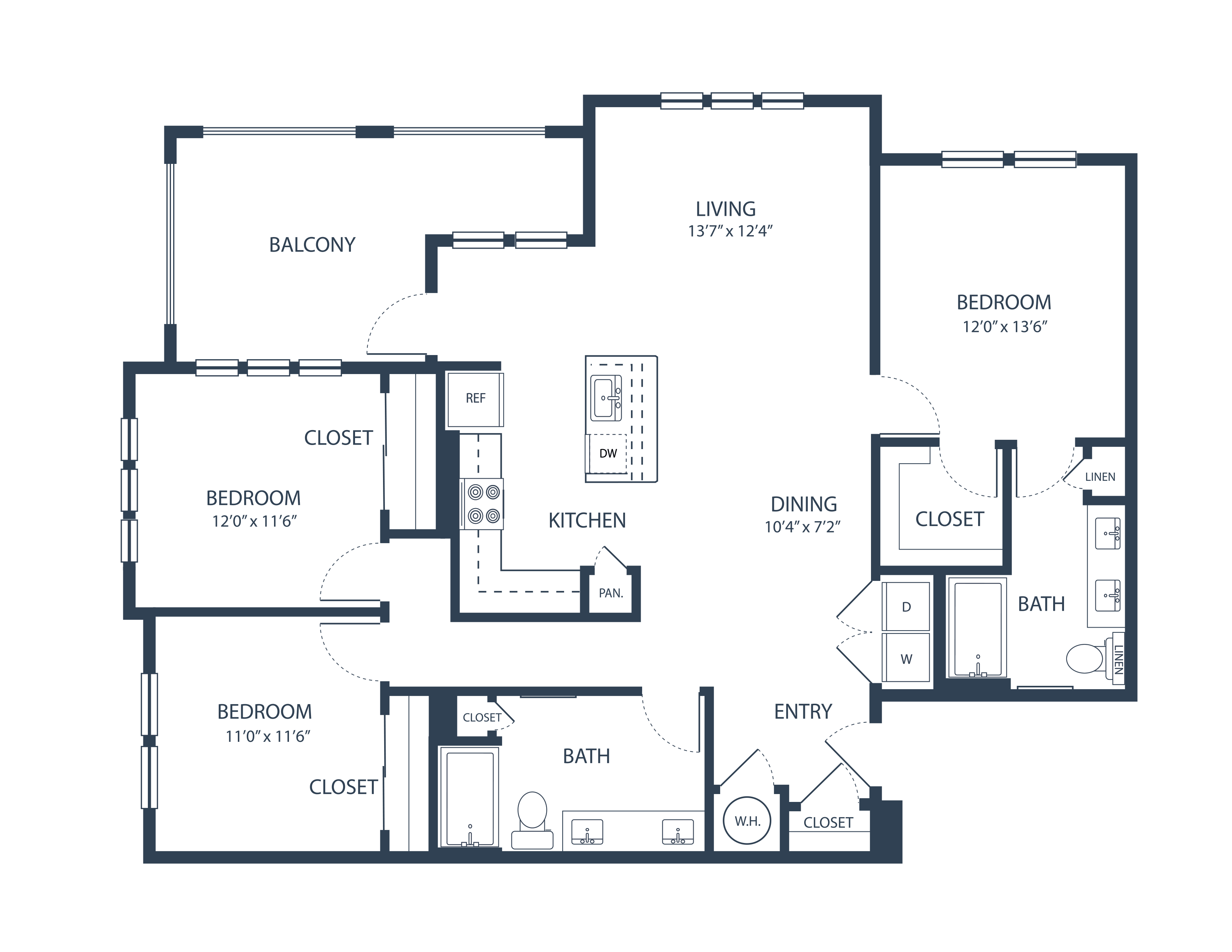 Floor plan for 3 beds, 2 baths, 1450 sqft