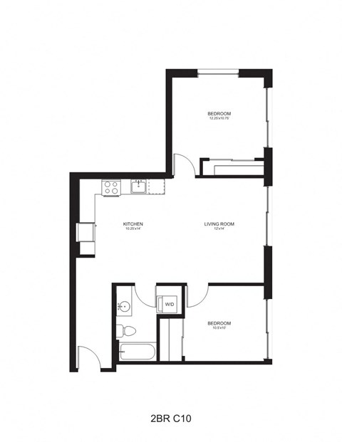 Floor plan for 2 beds, 1 bath, 860 sqft